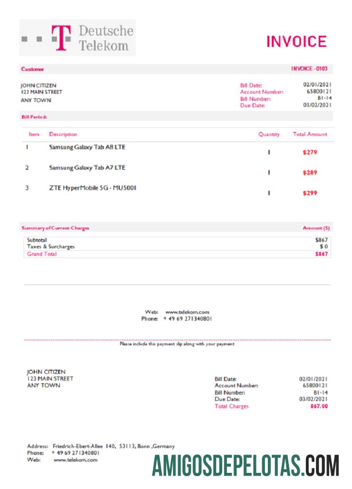 Fatura da Deutsche Telecom dos EUA exemplo real